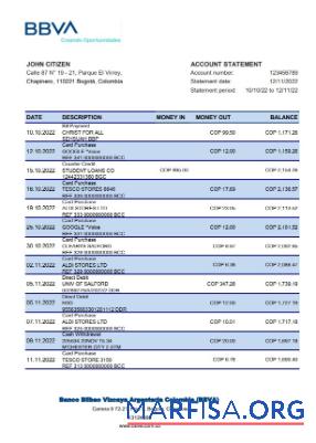 Realistic Colombia BBVA bank statement excel sample